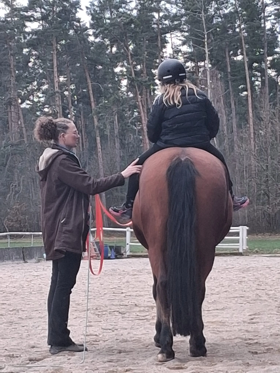 Seelenanker Pferde - Pferdetrainer und Reitpädagoge - Ein Reitlehrer gibt einer anderen Person, die einen Helm trägt, Reitunterricht.