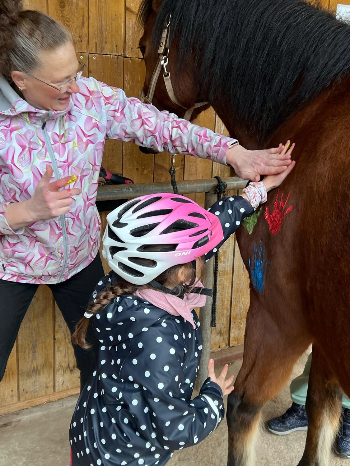 Seelenanker Pferde - Pferdetrainer und Reitpädagoge - Ein Erwachsener und ein Kind Pferdepflege ein braunes Pferd.